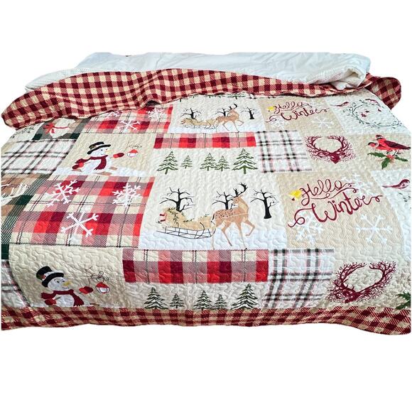 MarCielo Luxury Christmas Queen Patchwork Quilt Pillow Shams 3 piece Set Plaid - Picture 3 of 11